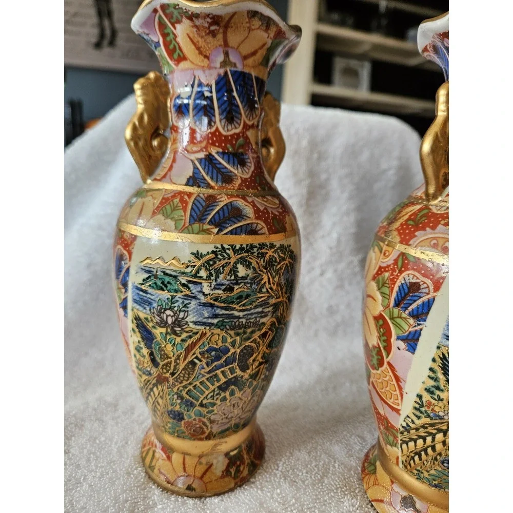 Vintage Set Of 3 hand paint Chinese Decorative Vase Coastal Birds Flowers 8 Inch